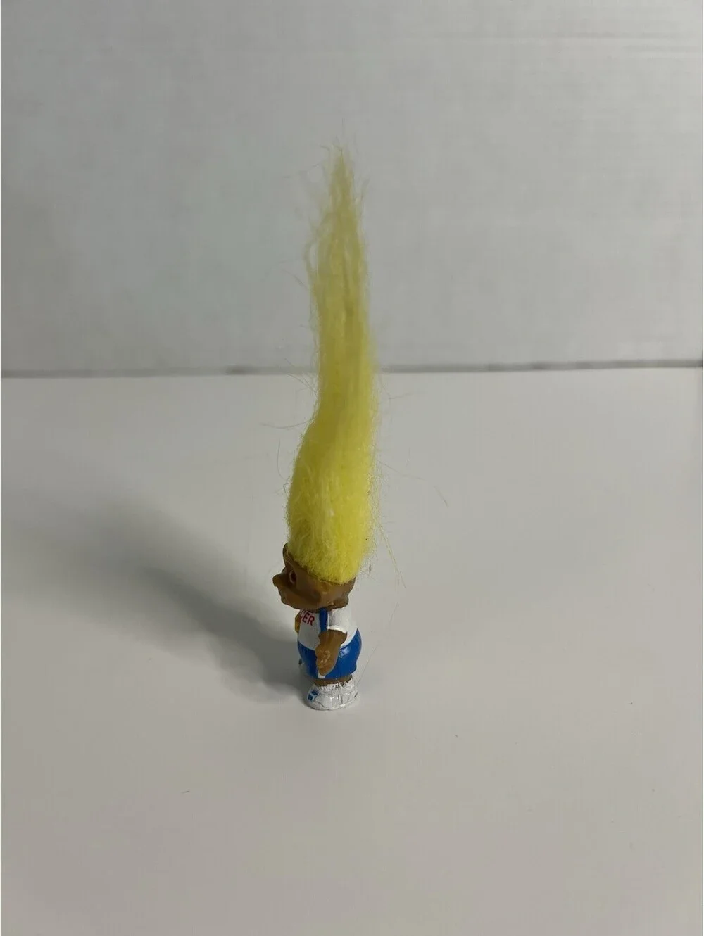 Vtg 1992 Ace Yellow Hair White & Blue Soccer Uniform Mini Troll Doll 1.5